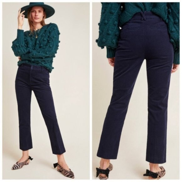 Navy Blue Anthropologie Corduroy Slim Cropped Flare Pants (NWT) - Picture 7 of 7